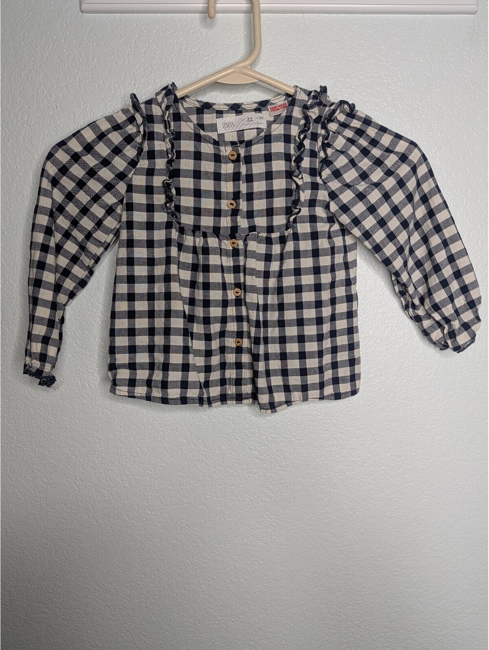 Zara Girls Gingham Check Ruffle Button Blouse Navy Cream 3-4 Years 104